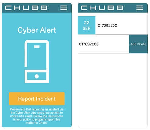 Chubb Cyber Alert app screens