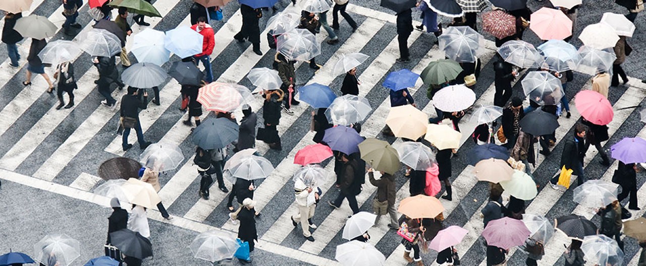 people umbrella across road