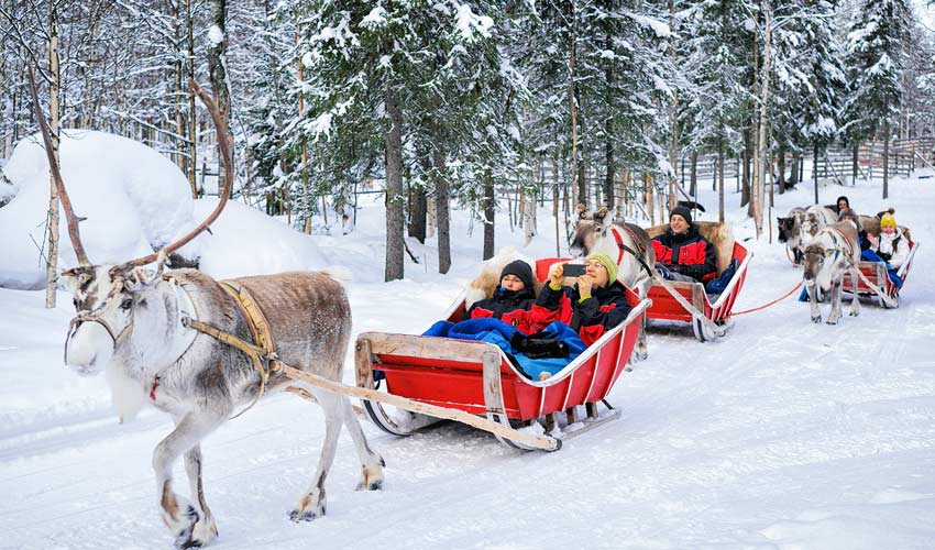 Reindeer sledding in Rovaniemi, Lapland, Finland